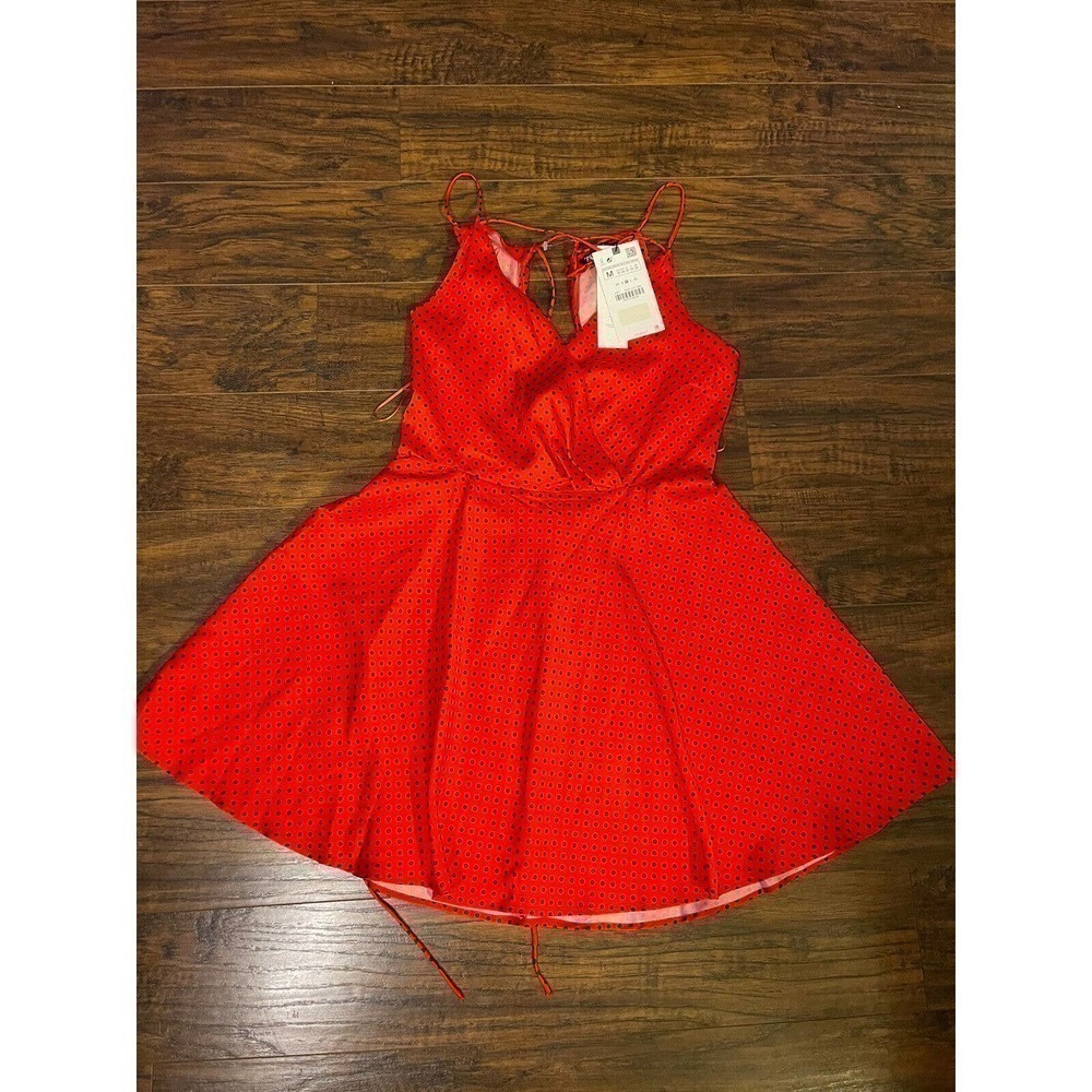 ZARA RED BLACK SPOTTED POLKA DOT SATIN TIE BACK SKATER A LINE TEA DRESS SIZE S